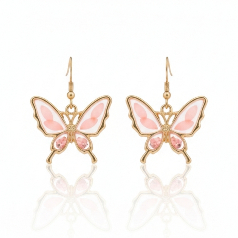 🆕️ Artisan With Real Floral & Resin Gold and Pink Butterfly Earrings